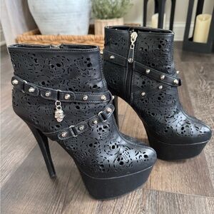 Iron Fist Skull Cutout Studded Black Platform Ankle Boots